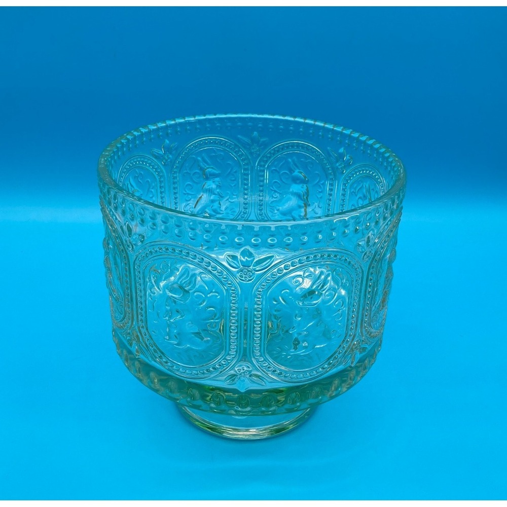 Clear Light Green Tinted Glass Pedestal Bowl – Embossed Bunny Rabbit Floral